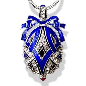STERLING SILVER BLUE Guilloché Enamel Art Deco Faberge Egg Pendant Swarovski 24"